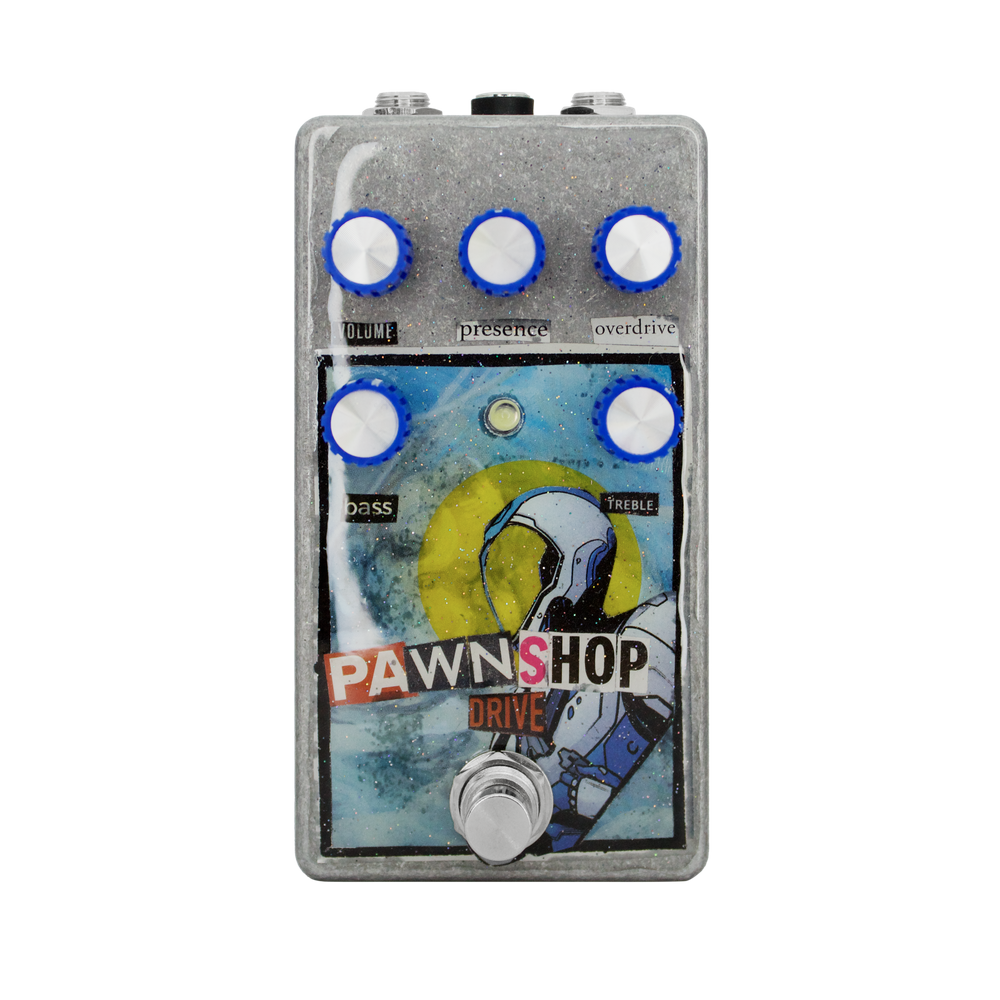 Pawnshop Drive with blue knobs and space-themed collage artwork